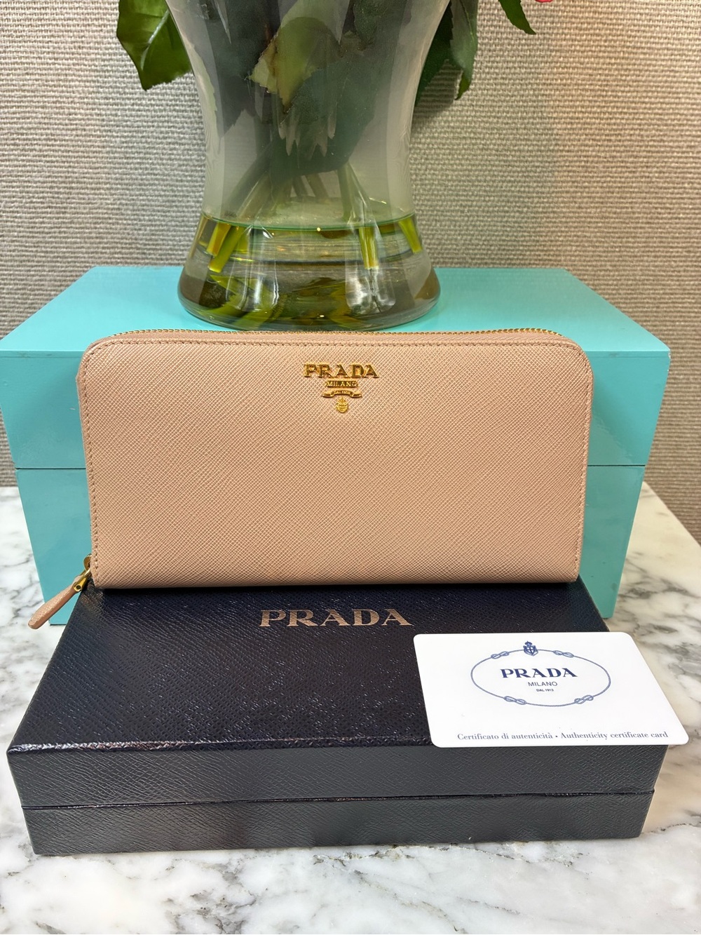 Prada Cammeo Beige Saffiano Leather Zip Around Wallet - Pristine Condition